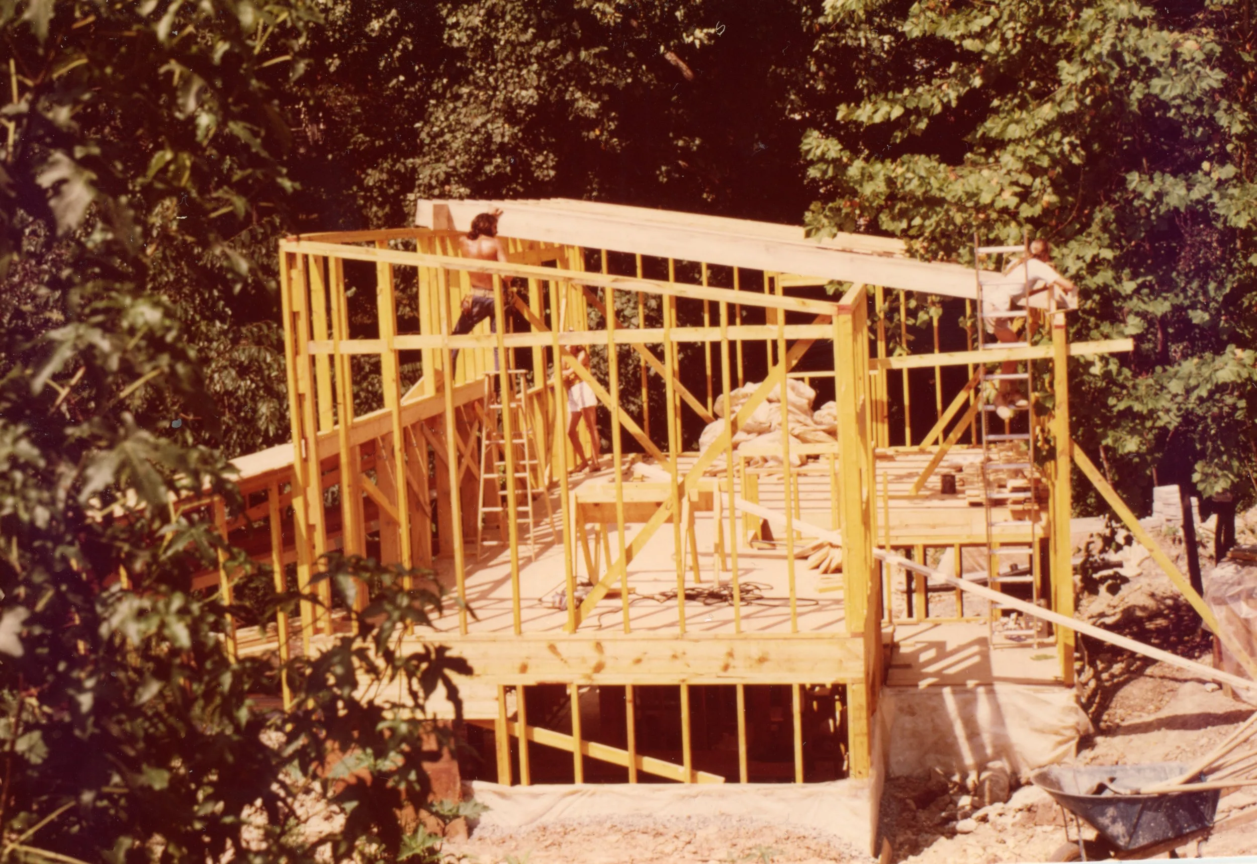 Construction workers building a wooden house frame outdoors among trees.