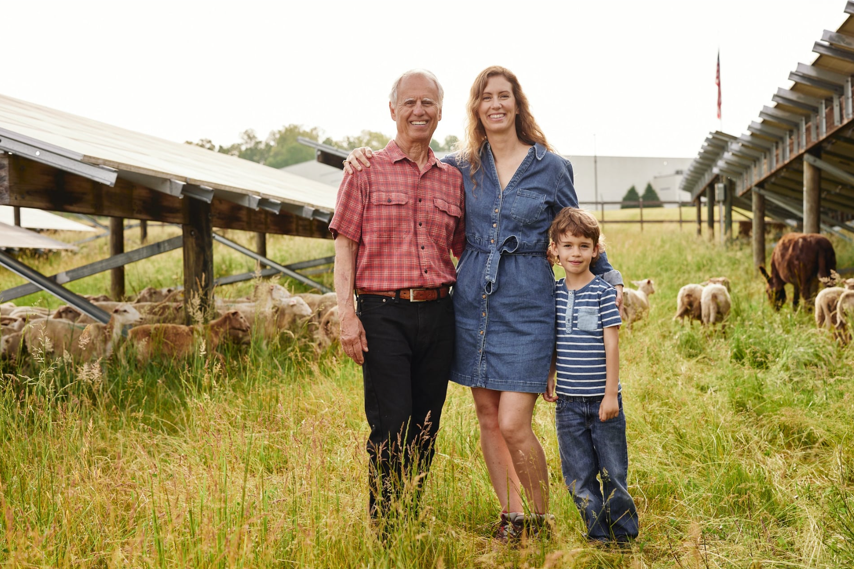 Three generations of a family, an elderly man, a woman, and a young boy, standing together in a field with grazing cows and solar pannels in the background.