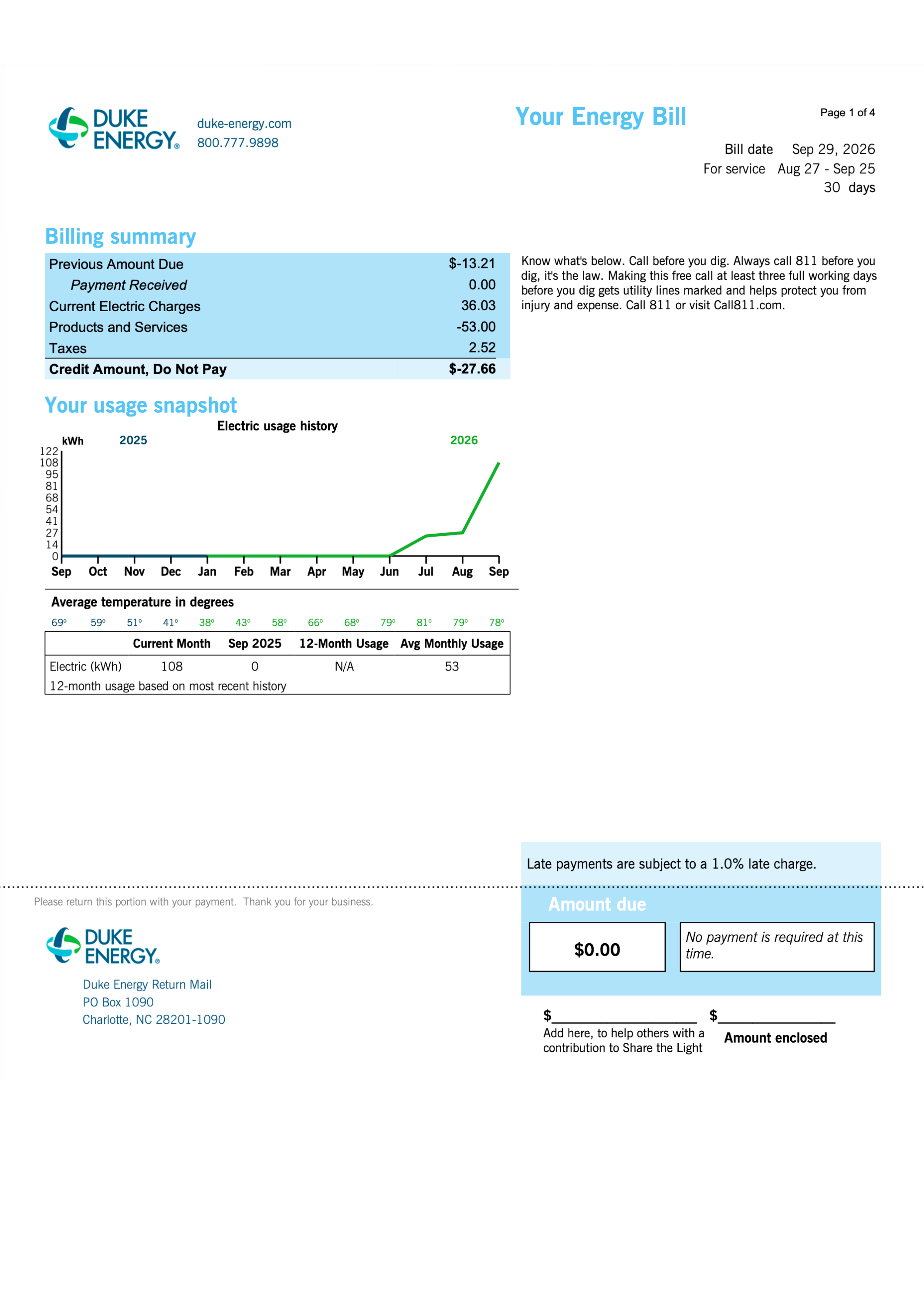 Duke Energy electricity bill showing billing details, usage data, and payment information.