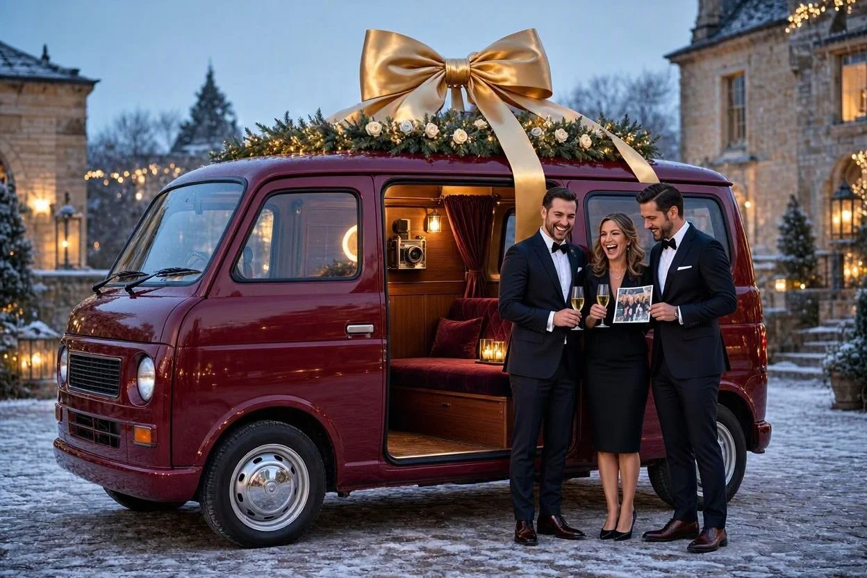 Burgundy vintage Kei photo booth van topped with a gold bow and holiday garland, with three formally dressed guests holding champagne and a printed photo in a snowy courtyard