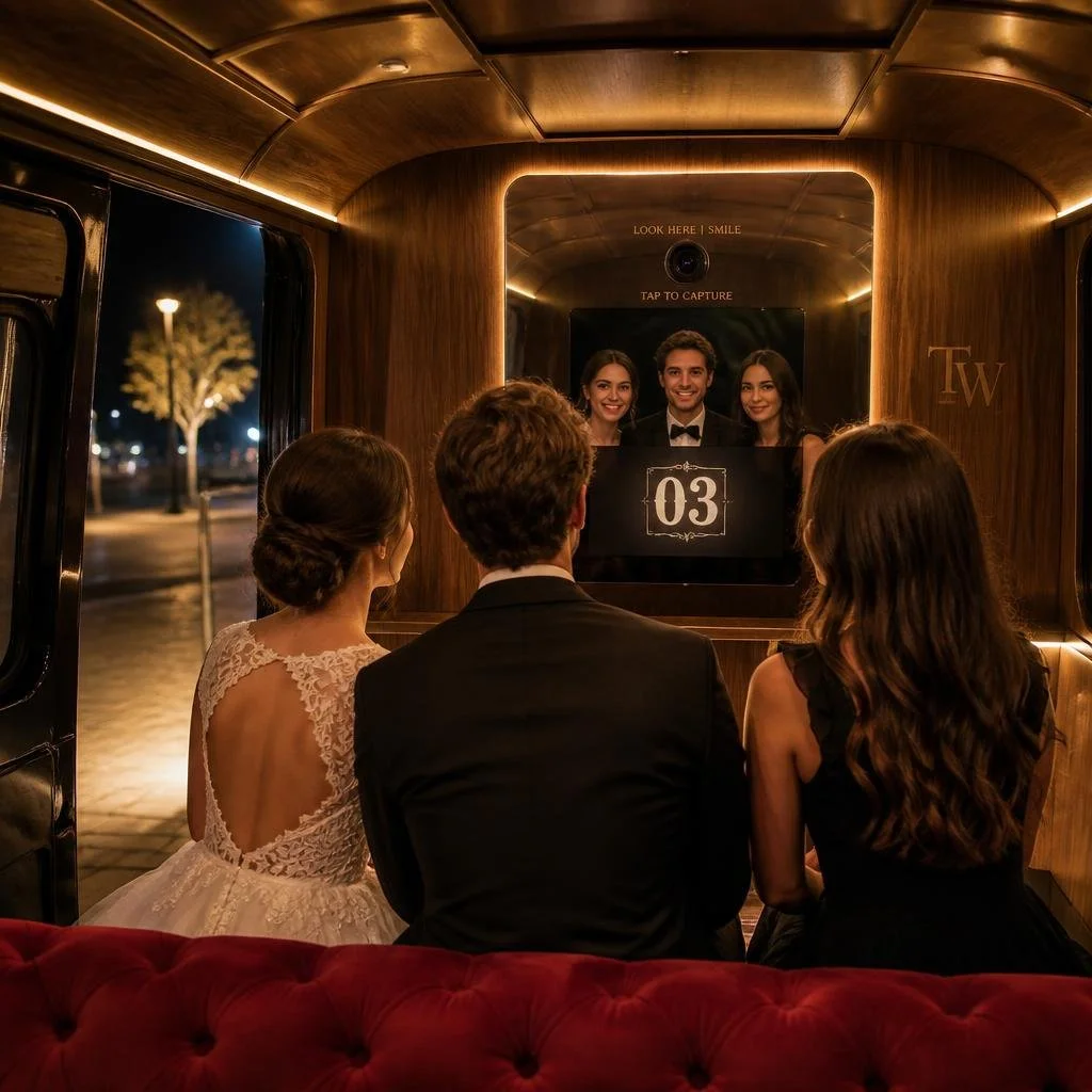 Bride, groom and a bridesmaid seated on a red tufted bench inside the vintage photo booth van, facing a screen with a "03" countdown and a ring light