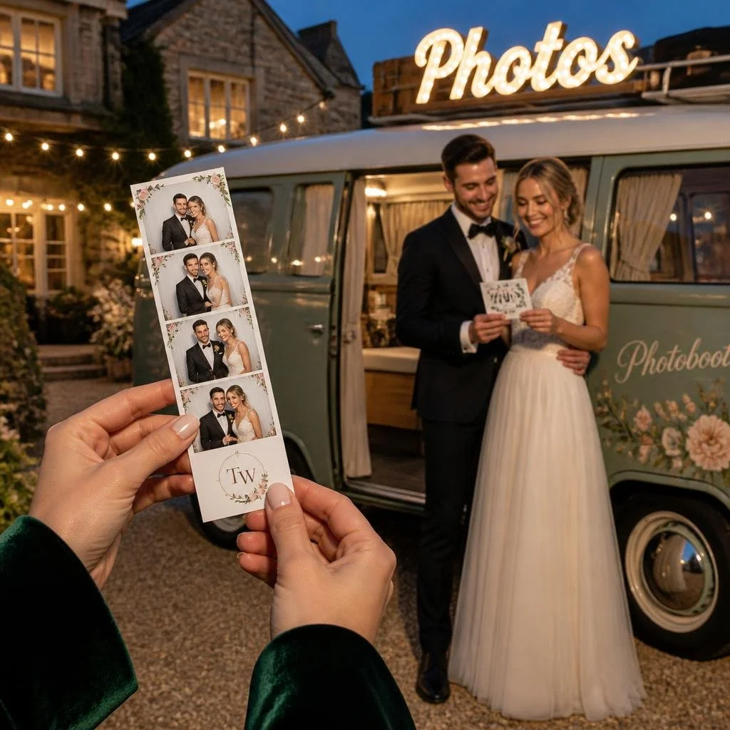 Bride and groom smiling beside a sage-green vintage Kei photo booth van at night, while a guest holds up a printed photo strip of the couple