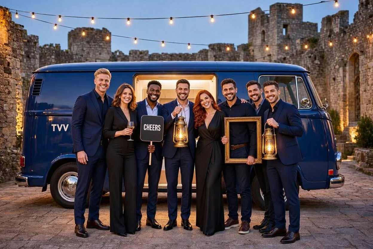 Group of ten formally dressed guests holding lanterns, a gold frame and a "Cheers" sign beside a navy vintage Kei photo booth van under string lights at an evening event