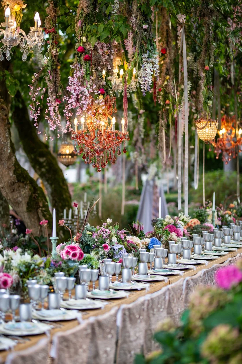 A beautifully decorated outdoor dining table set for a celebration with numerous pink, purple, and white flowers, and ornate hanging chandeliers with candles hanging from trees.