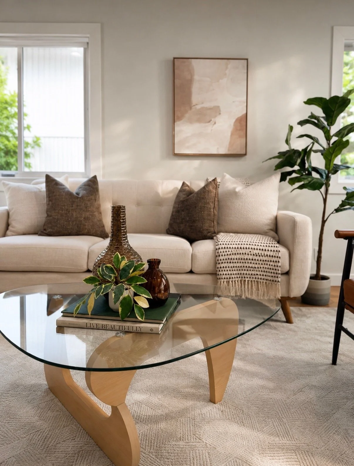 Warm mid-century living room stage with a cream sofa, brown accent pillows, glass coffee table, greenery, and neutral abstract artwork.