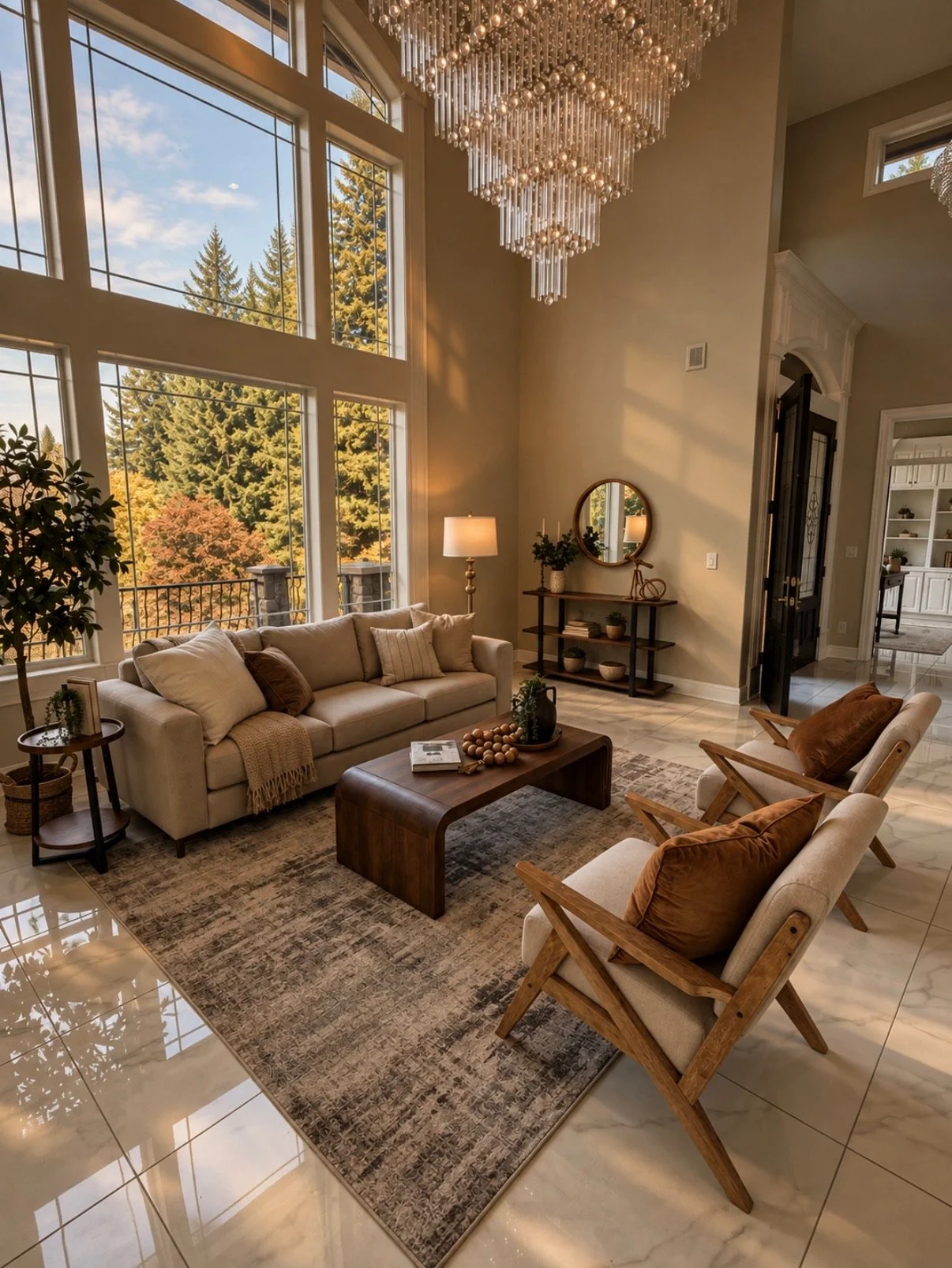 Warm modern living room with large windows showing trees, an elegant chandelier, a beige sofa with pillows, wooden coffee table, two wooden armchairs with beige cushions and brown pillows, a rug, a wooden console table with decor.
