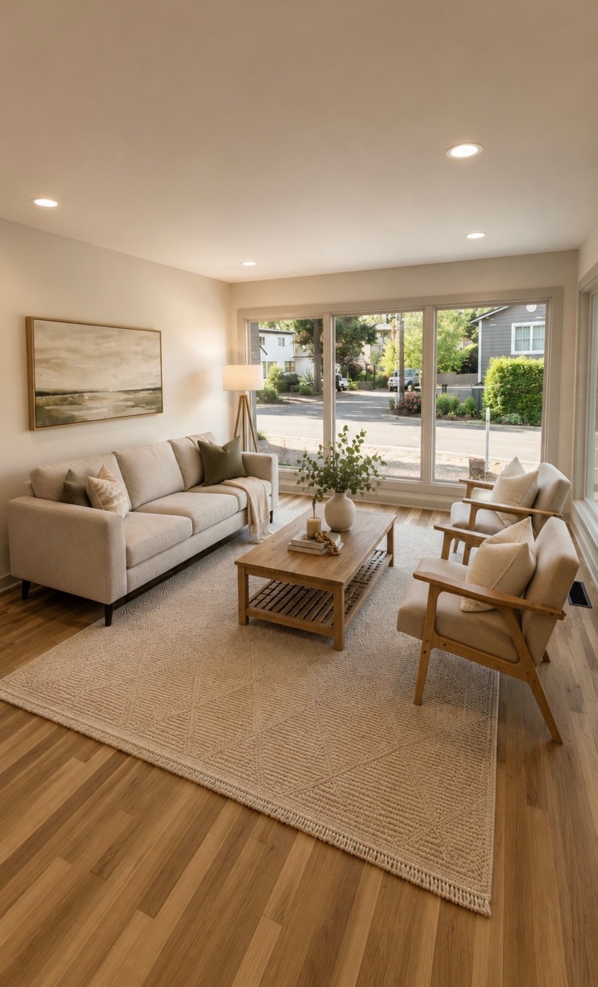 Staged living room with a green sofa, two armchairs, wood, coffee table, neutral area, rug, hardwood floors, and large windows.
