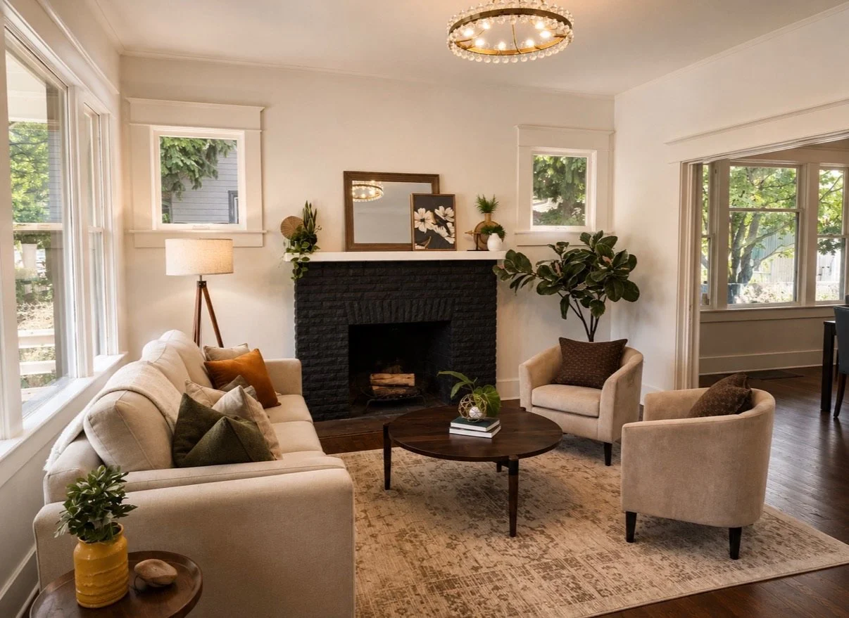 Warm living room staged with  neutral seating, a round wood coffee table, black brick fireplace, greenery, and large windows overlooking the trees.
