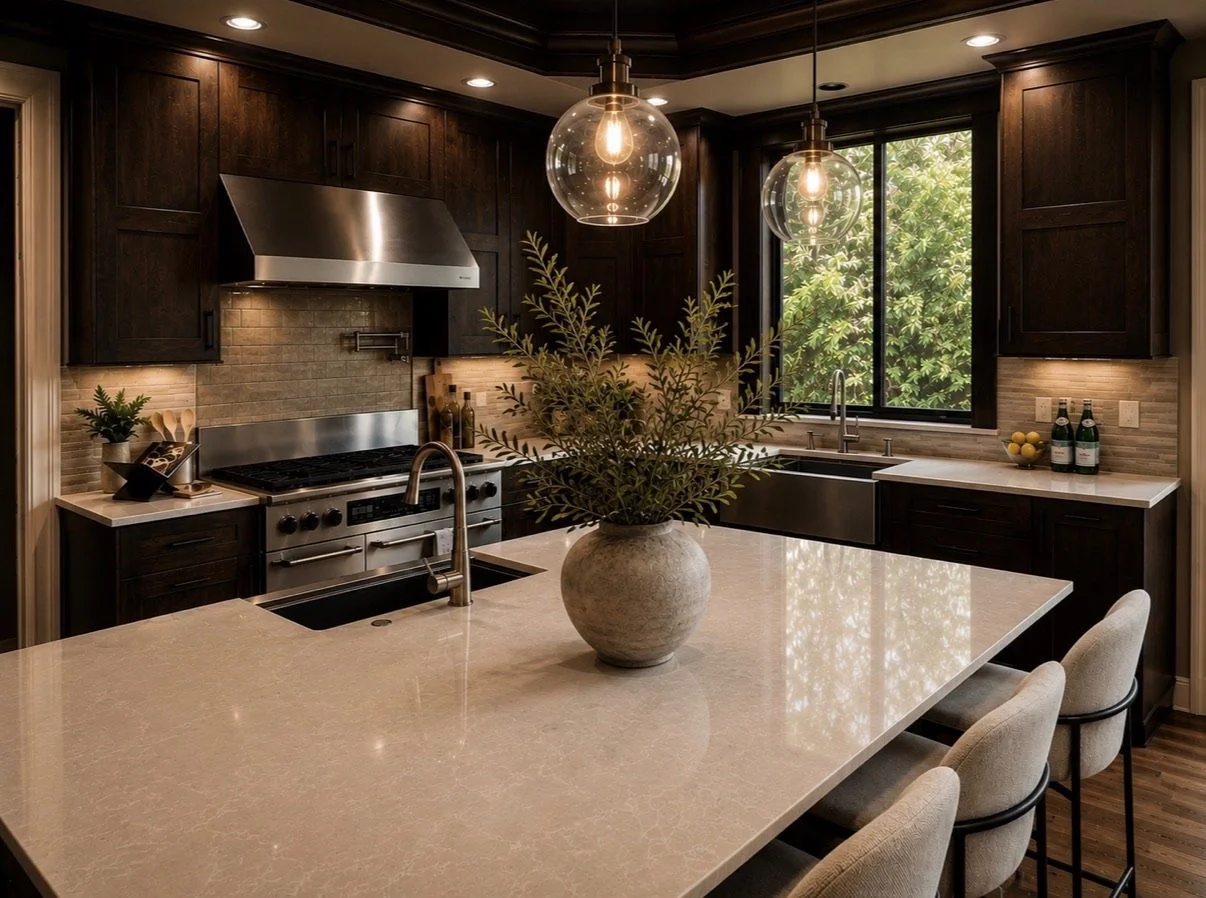 Modern kitchen styled with dark wood cabinetry, a large center island, warm neutral finishes, greenery, and pendant lighting.