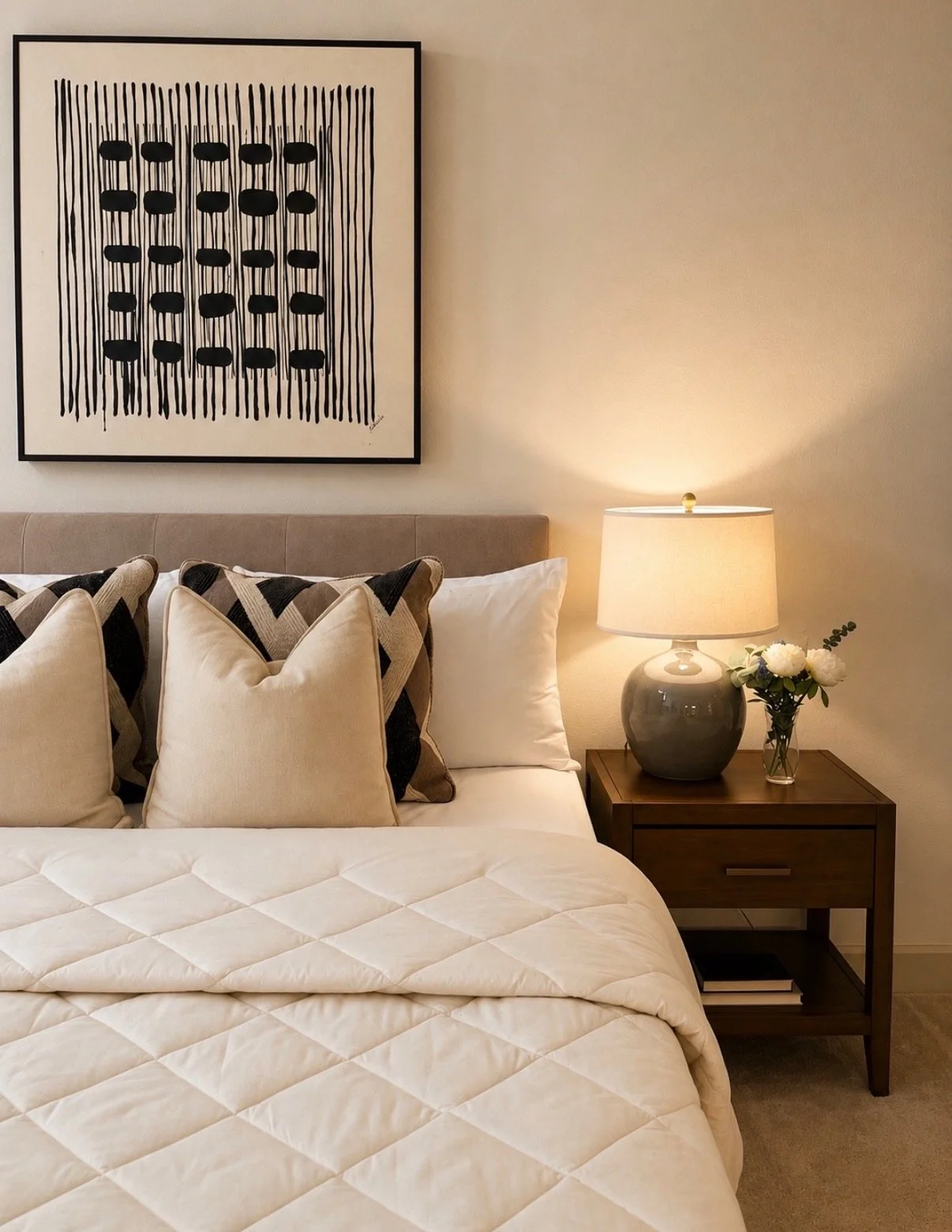 Neutral bedroom, staged with layered beige bedding, pattern accent pillows, bedside lighting, white floors, and black and white artwork.