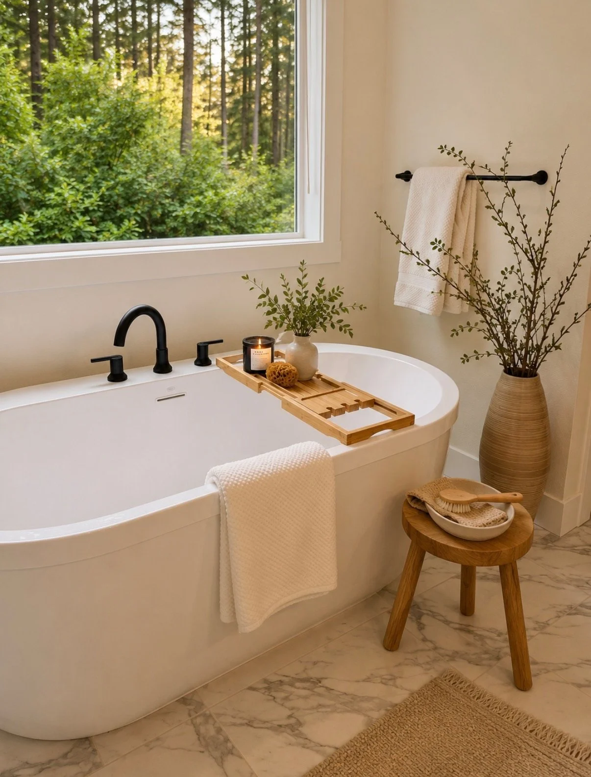 Warm, spa inspired bathroom, styled with a soaking tub, natural wood accents, greenery, layered accessories, and a large window overlooking the trees.