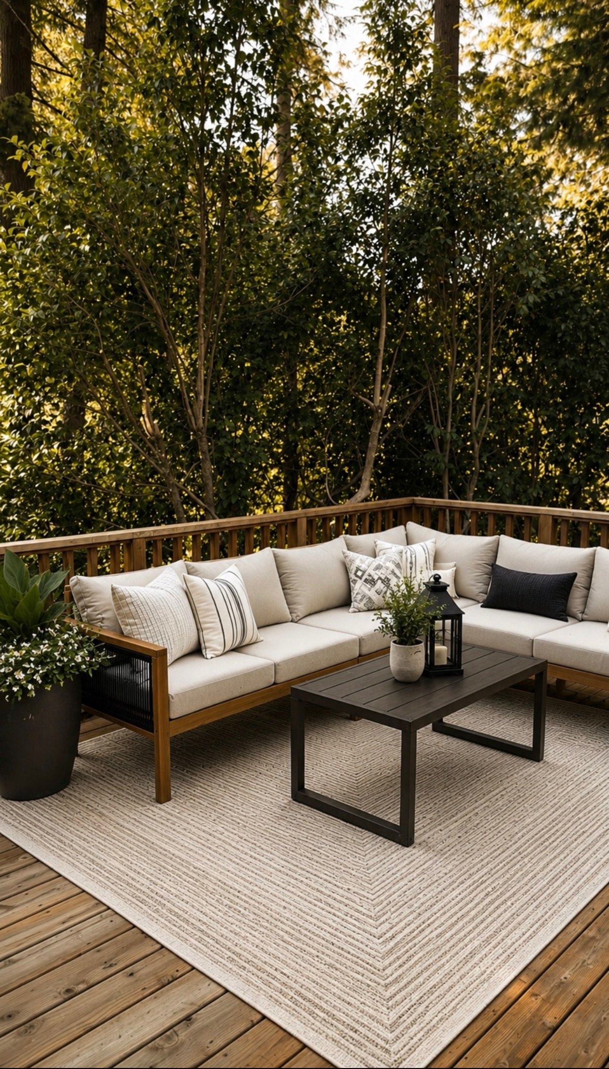 Outdoor patio stage with neutral sectional seating, pattern pillows, a black coffee table, greenery, and layered décor, surrounded by a mature trees.