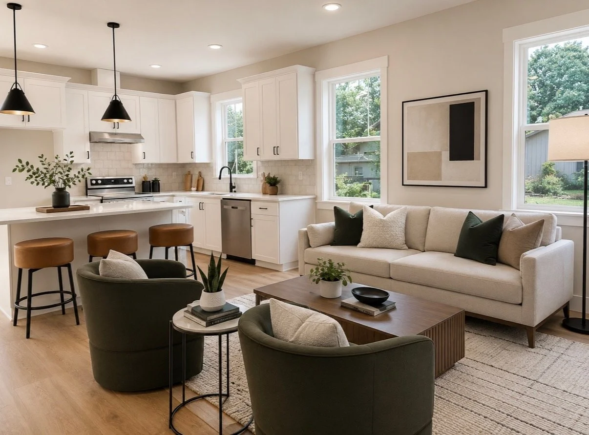 Open-concept living room stage with a cream sofa, deep green armchairs, warm wood accents, greenery, and a bright adjoining kitchen.