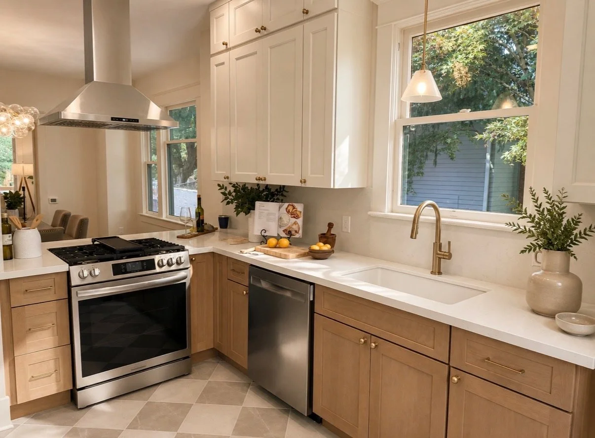 Warm modern kitchen styled with white and natural wood, cabinetry, neutral countertops, greenery, and simple countertop décor.