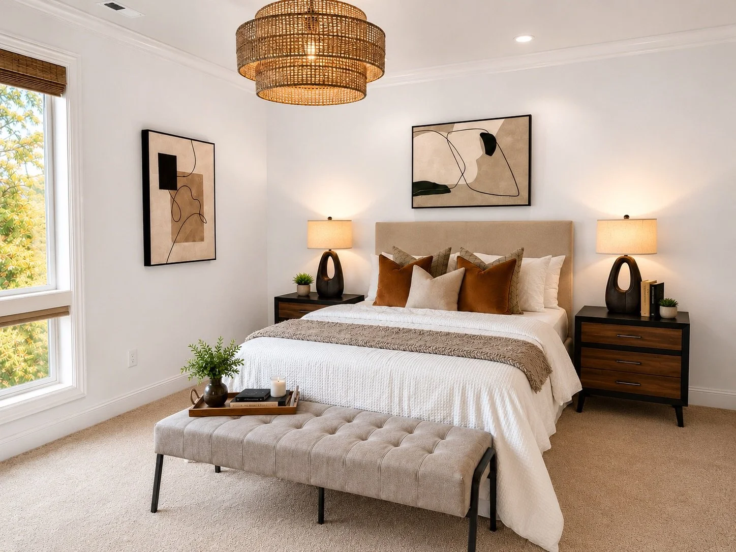 Warm, modern bedroom, staged with layered neutral bedding, bedside lighting, natural textures, artwork, and a bench at the foot of the bed.