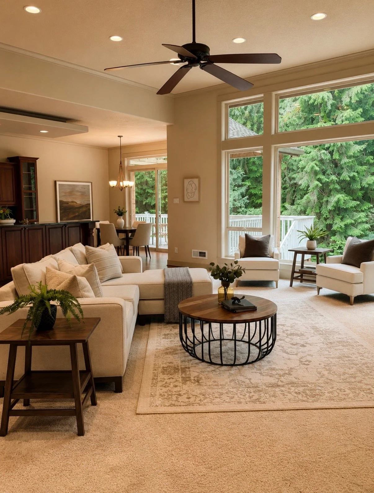Bright open-concept living and dining space staged with neutral seating, round coffee table, warm wood tones, and large windows overlooking greenery.