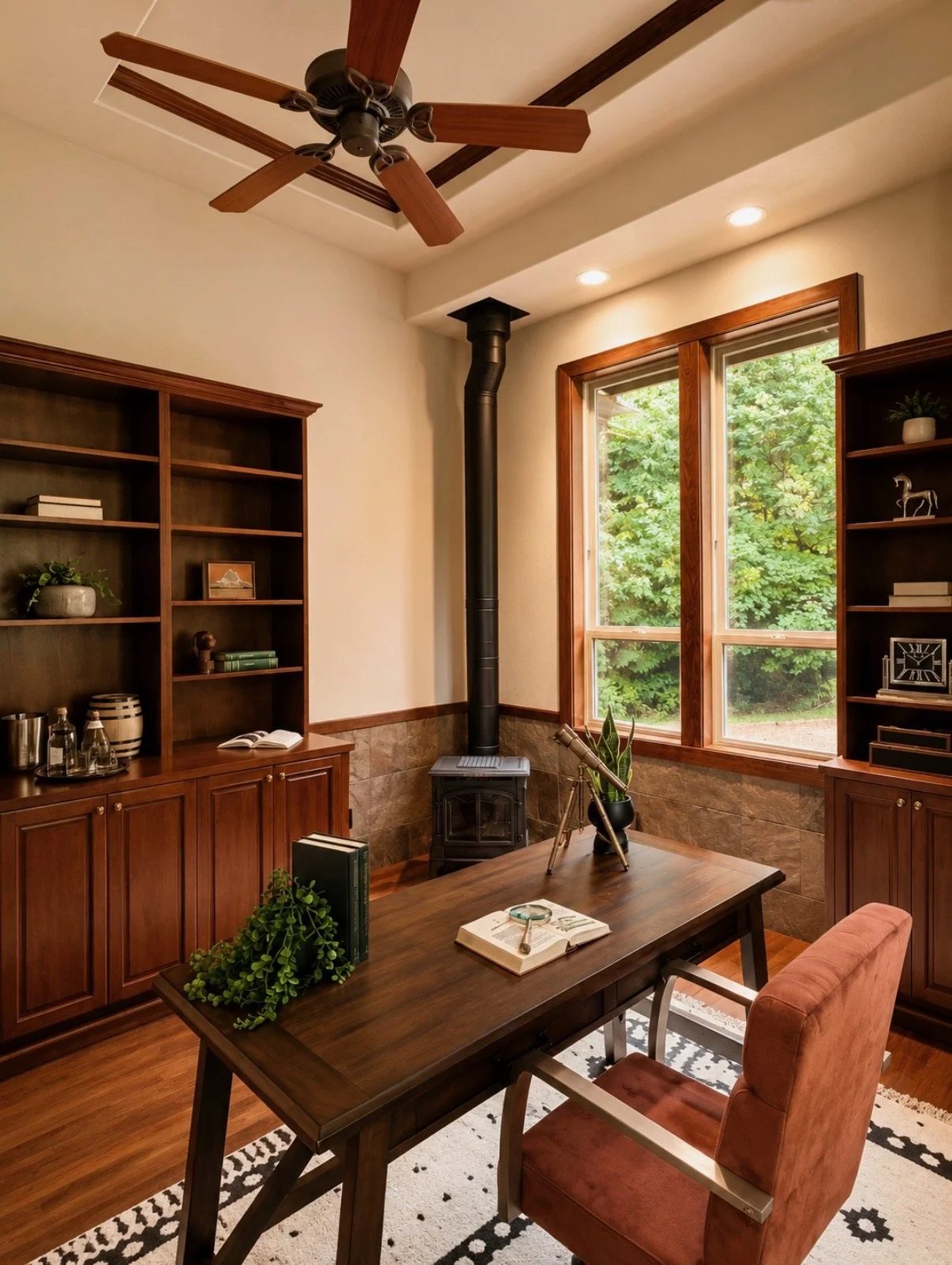 Warm home office styled with wood shelving, a work table, red velvet chair, woodburning, stove, and large windows overlooking greenery.