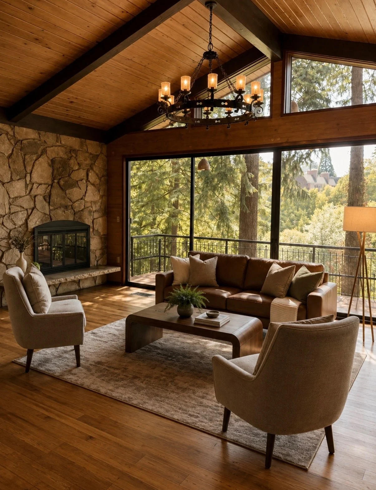 Rustic living room stage with a stone fireplace, leather sofa, neutral armchairs, wood coffee table, and large windows overlooking pine trees.