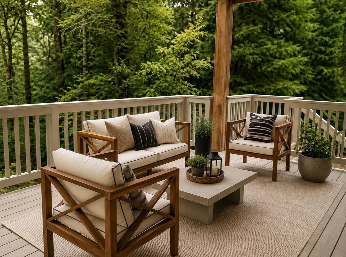 Covered outdoor porch staged with neutral seating, layered pillows, a concrete coffee table, area rug, and views of surrounding trees.