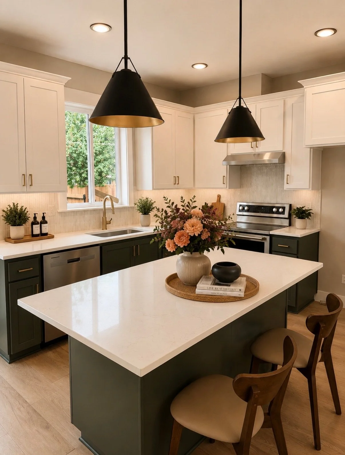 Modern kitchen with white and green cabinetry, black pendant lights, a white island, and a window showing greenery outside. Decor includes potted plants, a vase of pink flowers, and books.