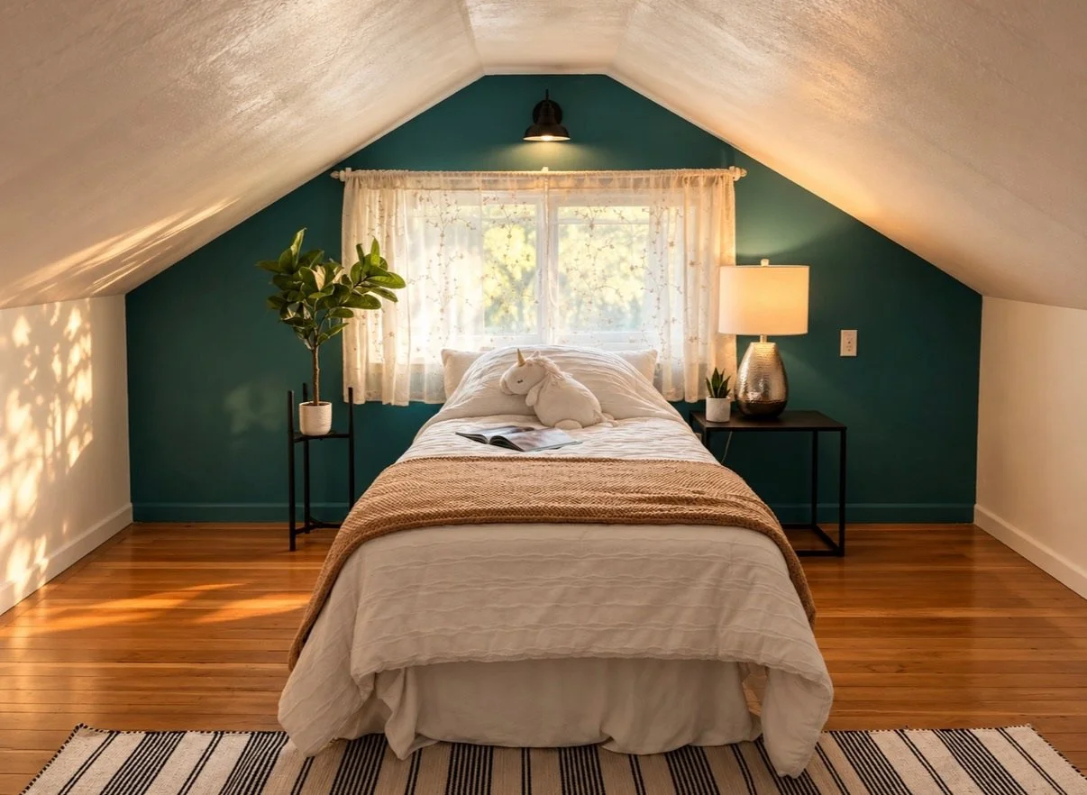 Playful kids’ bedroom staged with neutral bedding, a teal accent wall, whimsical décor, greenery, and warm wood floors.