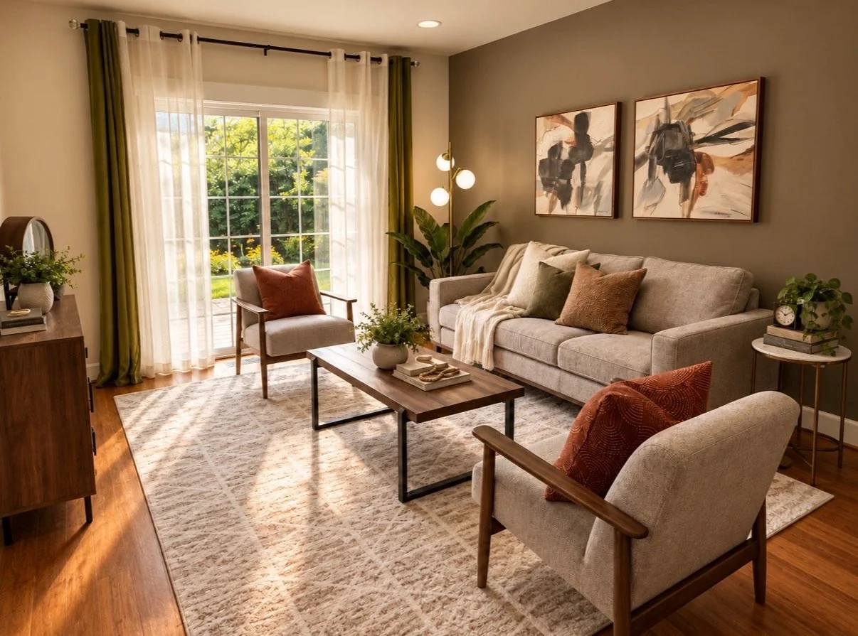 Warm living room stage with neutral seating, a coffee table, layered textiles, greenery, and soft natural light.