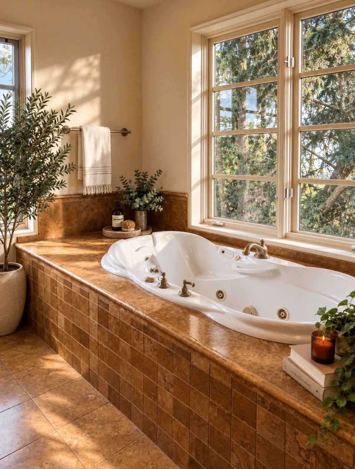 Spa-like bathroom styled with a corner soaking tub, warm wood finishes, greenery, candles, and large windows overlooking the trees.