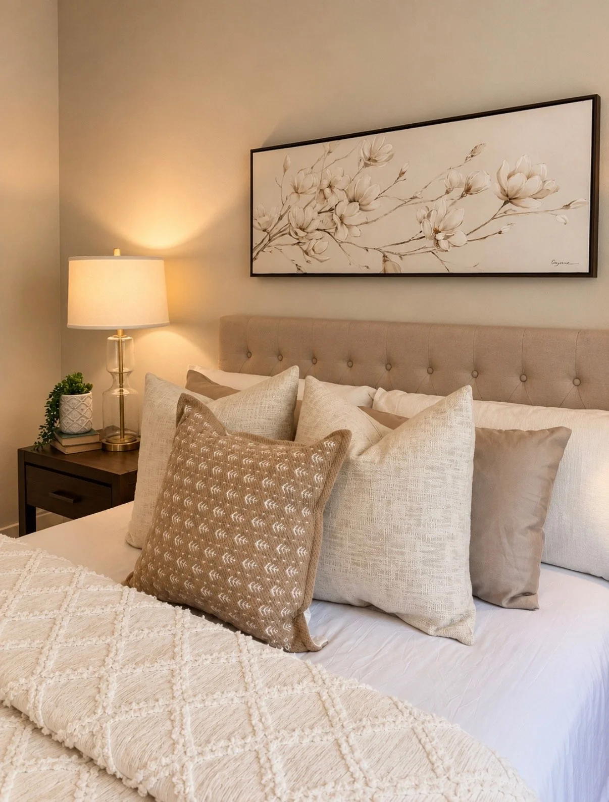 Serene bedroom styled with layered neutral bedding, a tufted headboard, warm wood nightstand, greenery, and botanical art.