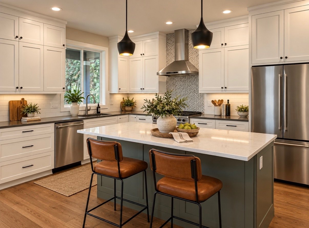 Bright modern kitchen styled with white cabinetry, warm wood accents, leather barstools, pendant lighting, and simple greenery.