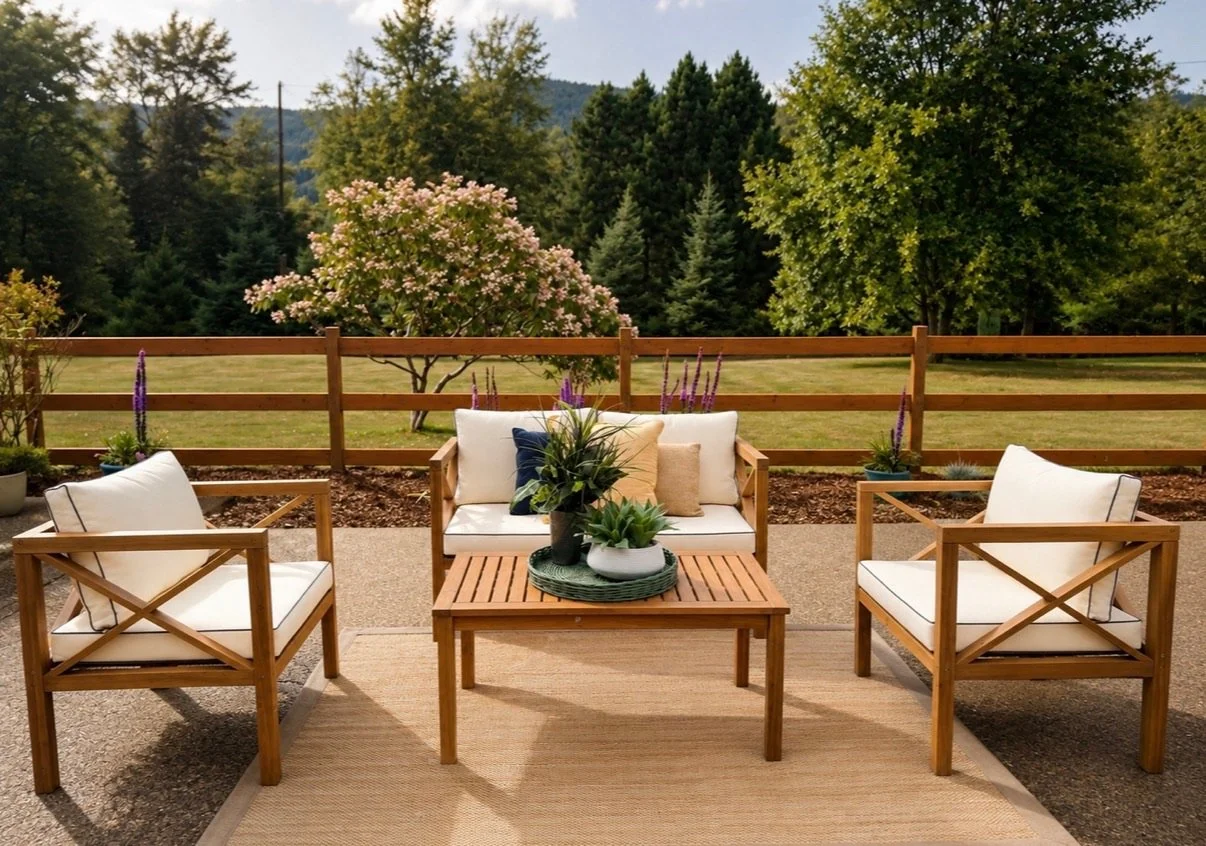 Outdoor patio stage with wood furniture, neutral cushions, greenery, and comfortable seating surrounded by scenic views.