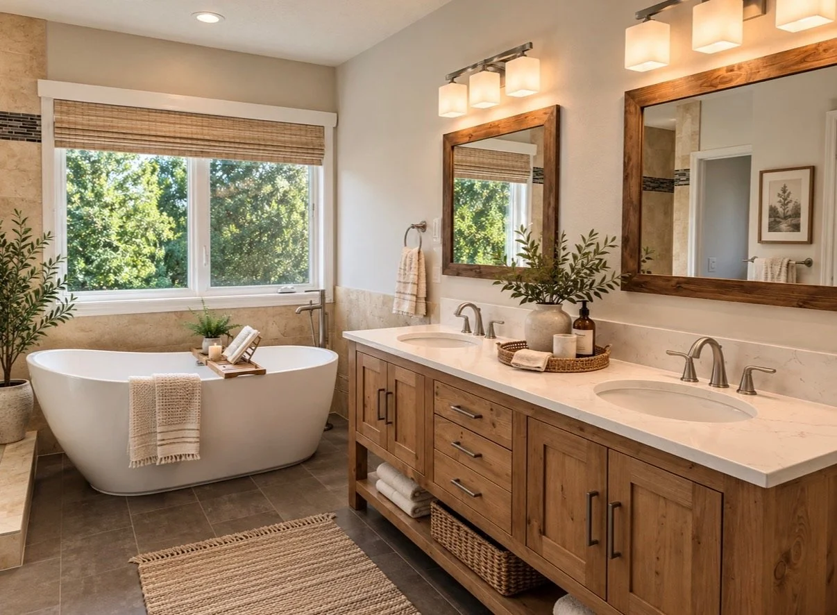 Spa-inspired bathroom styled with a freestanding soaking tub, warm wood vanity, greenery, neutral accessories, and large windows overlooking the trees