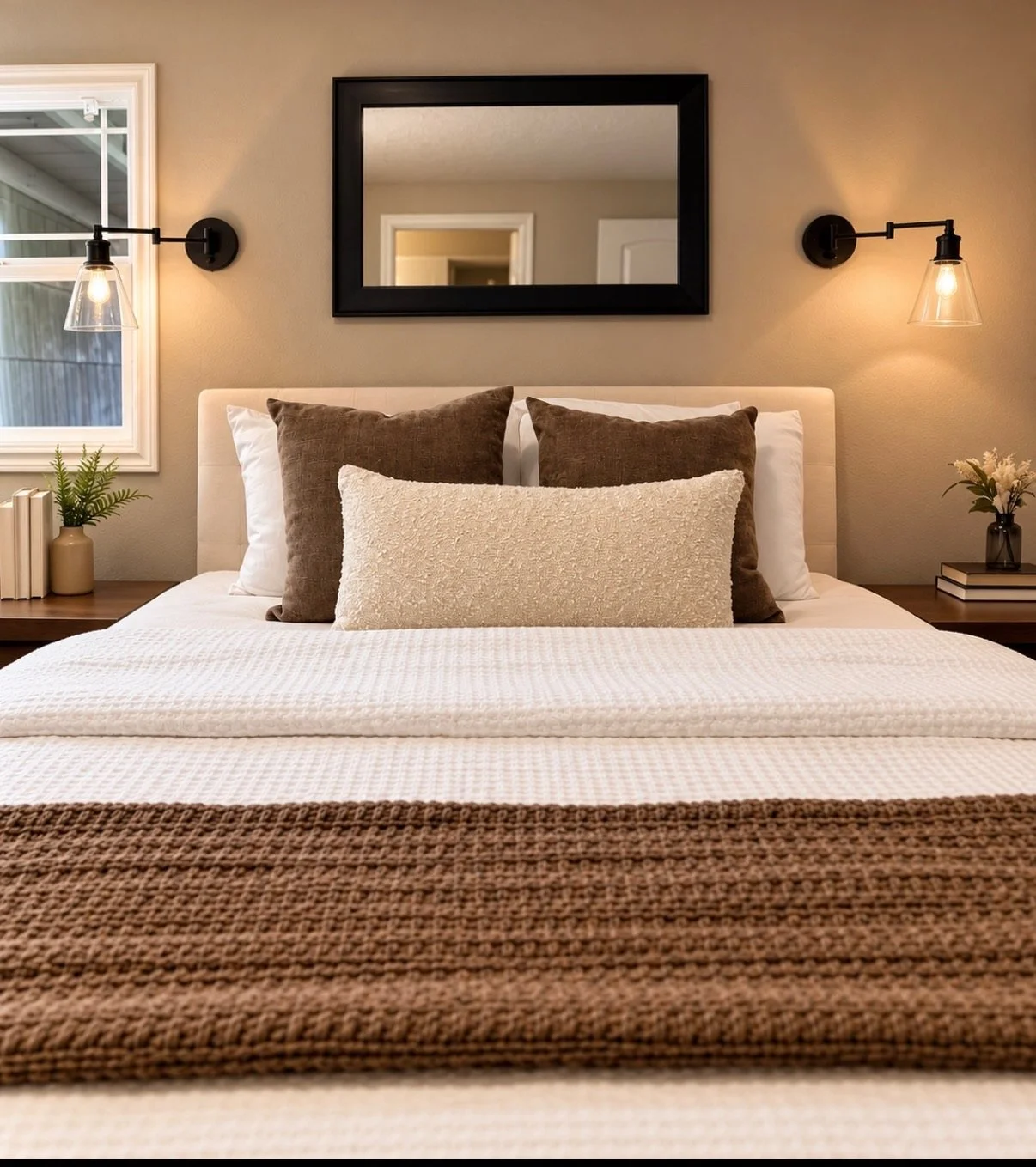 Warm bedroom styled with crisp white bedding, rich brown accents, layered pillows, greenery, books, and wall mounted lighting.