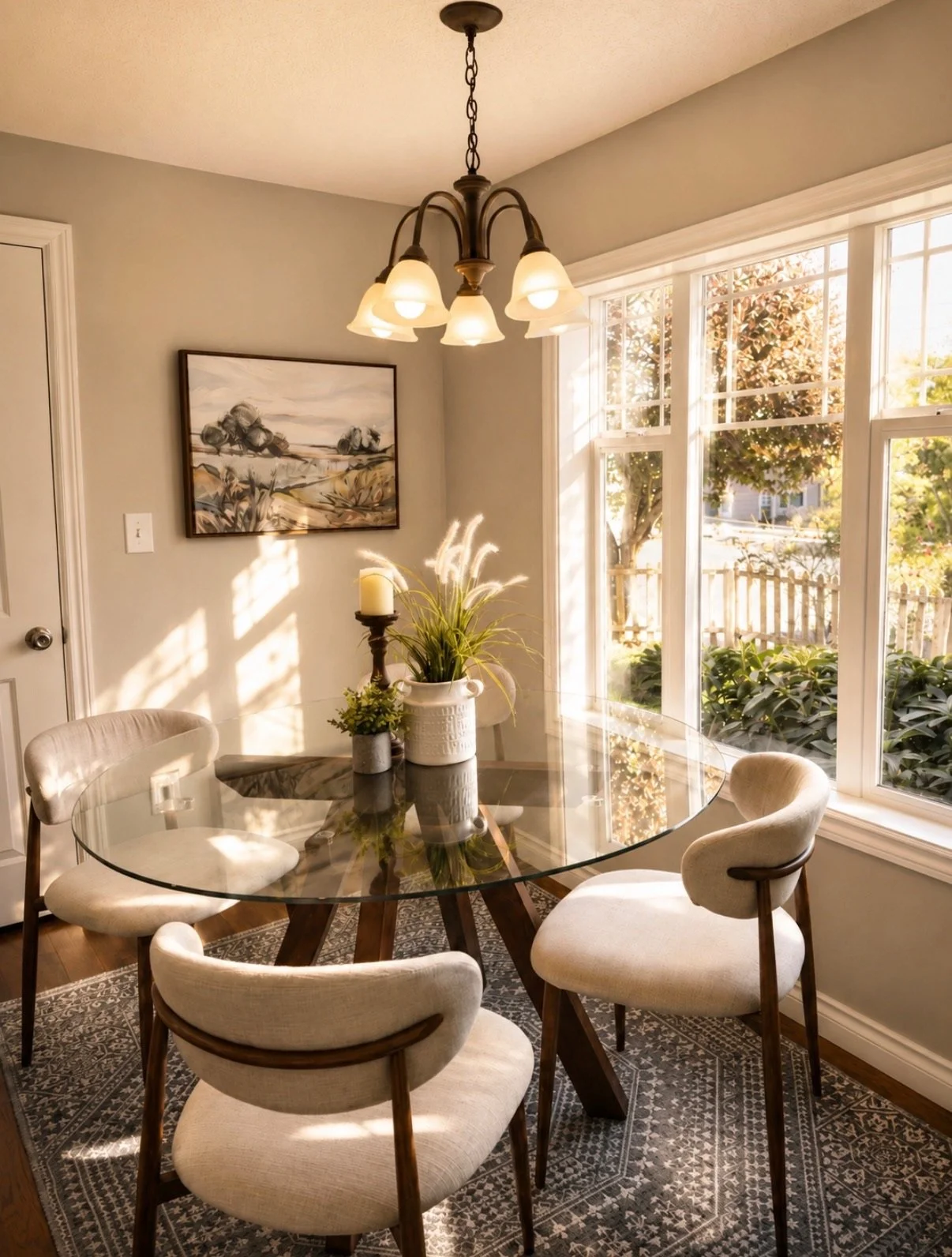 Intimate dining area styled with a glass top table, cream upholstered chairs, white florals, artwork, and soft natural light.