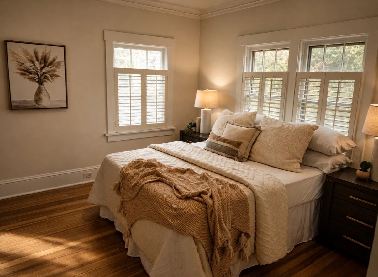 Warm bedroom staged with layered neutral bedding, soft textiles, bedside lighting, botanical artwork, and natural light from surrounding windows.