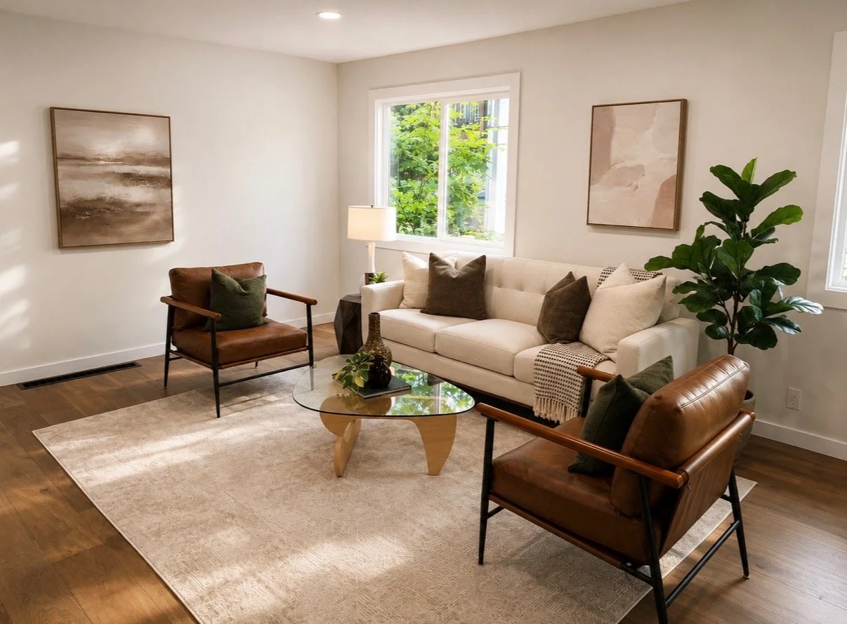Modern living room stage with a neutral sofa, brown leather armchairs, glass coffee table, greenery, abstract artwork, and a light area rug