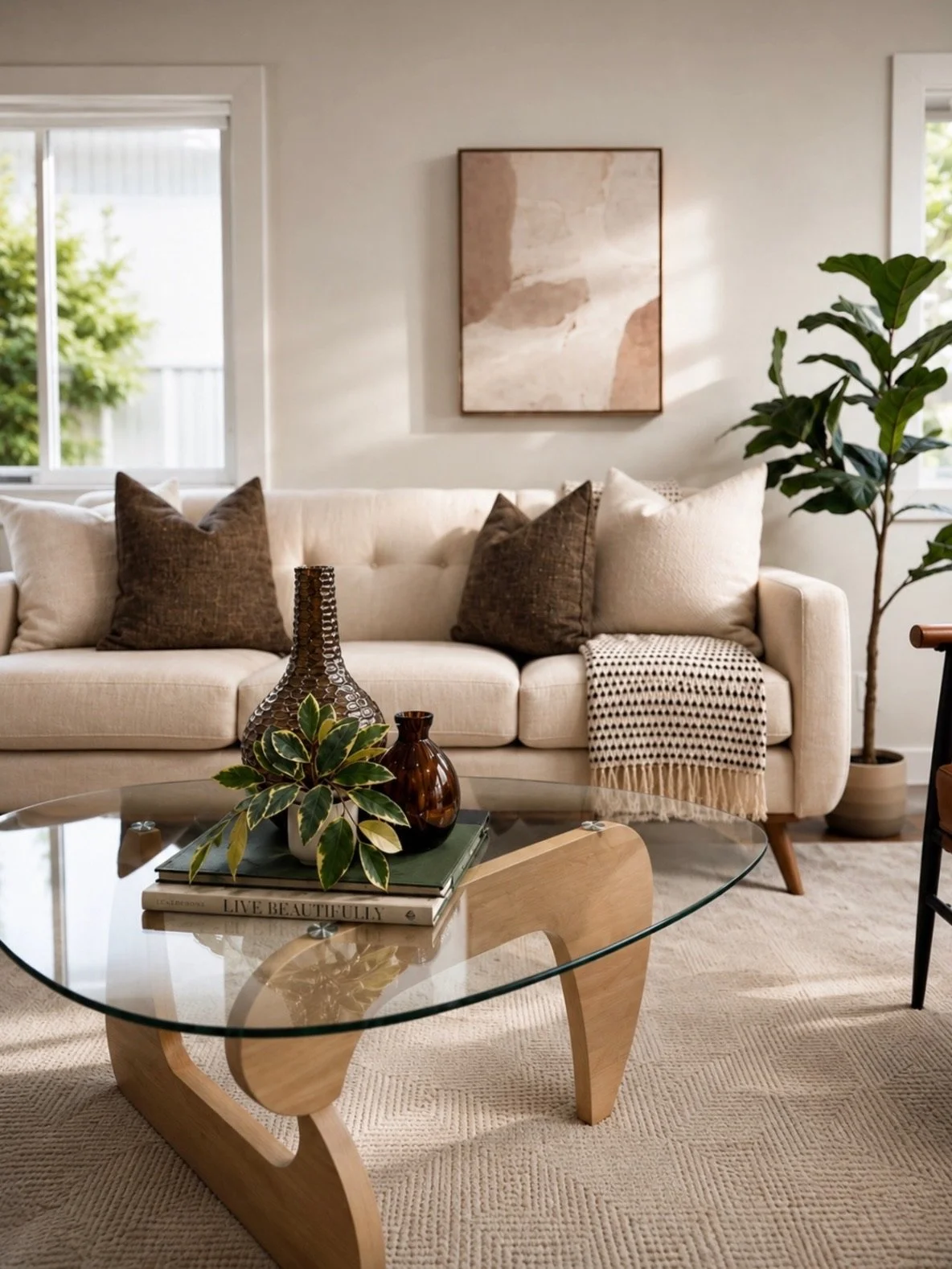 Inviting living room styled with a cream sofa, warm brown accents, layered textiles, glass coffee table, greenery, and decorative artwork.