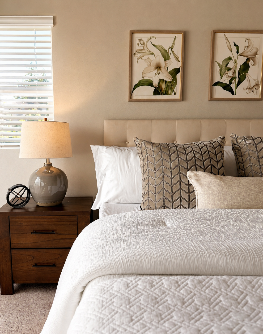 Serene bedroom styled with crisp neutral bedding, layered pillows, warm bedside lighting, and botanical artwork