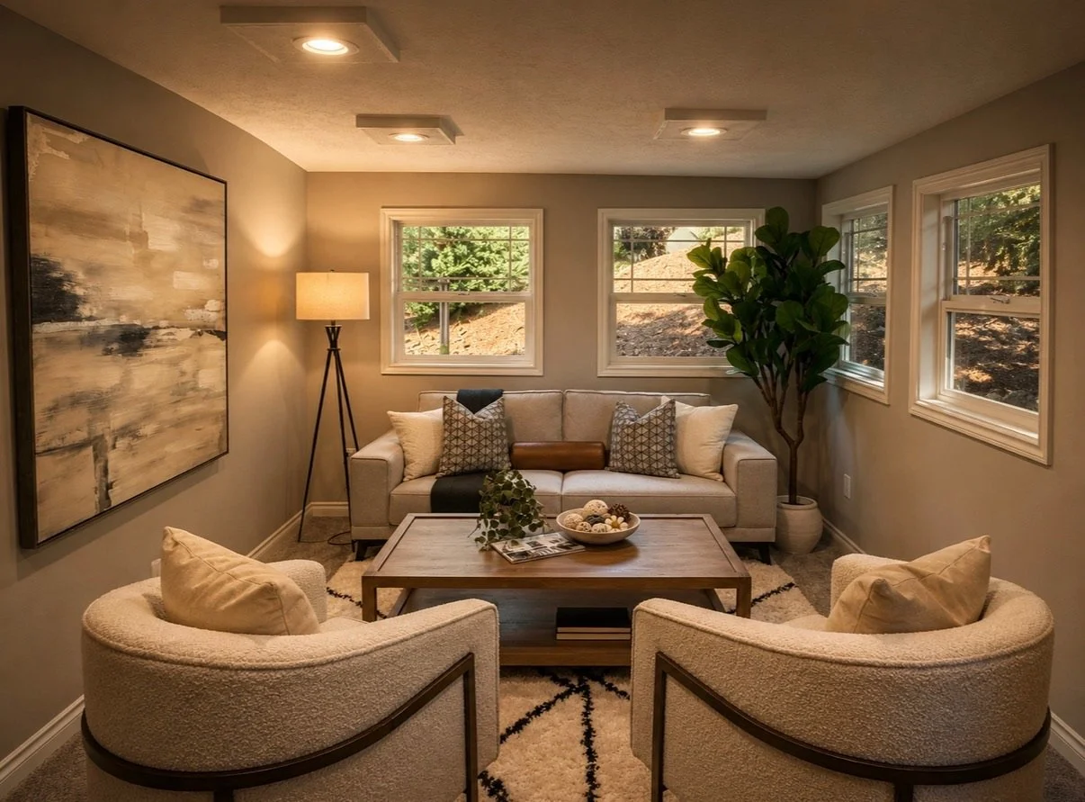 Cozy living room stage with neutral seating, curved arm chairs, a wood coffee table, greenery, layered décor, and large windows.