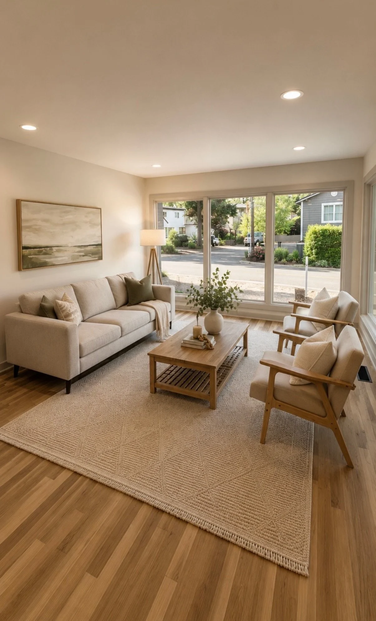 Bright living room staged with neutral seating, a wood coffee table, greenery, warm wood floors, artwork, and abundant natural light.