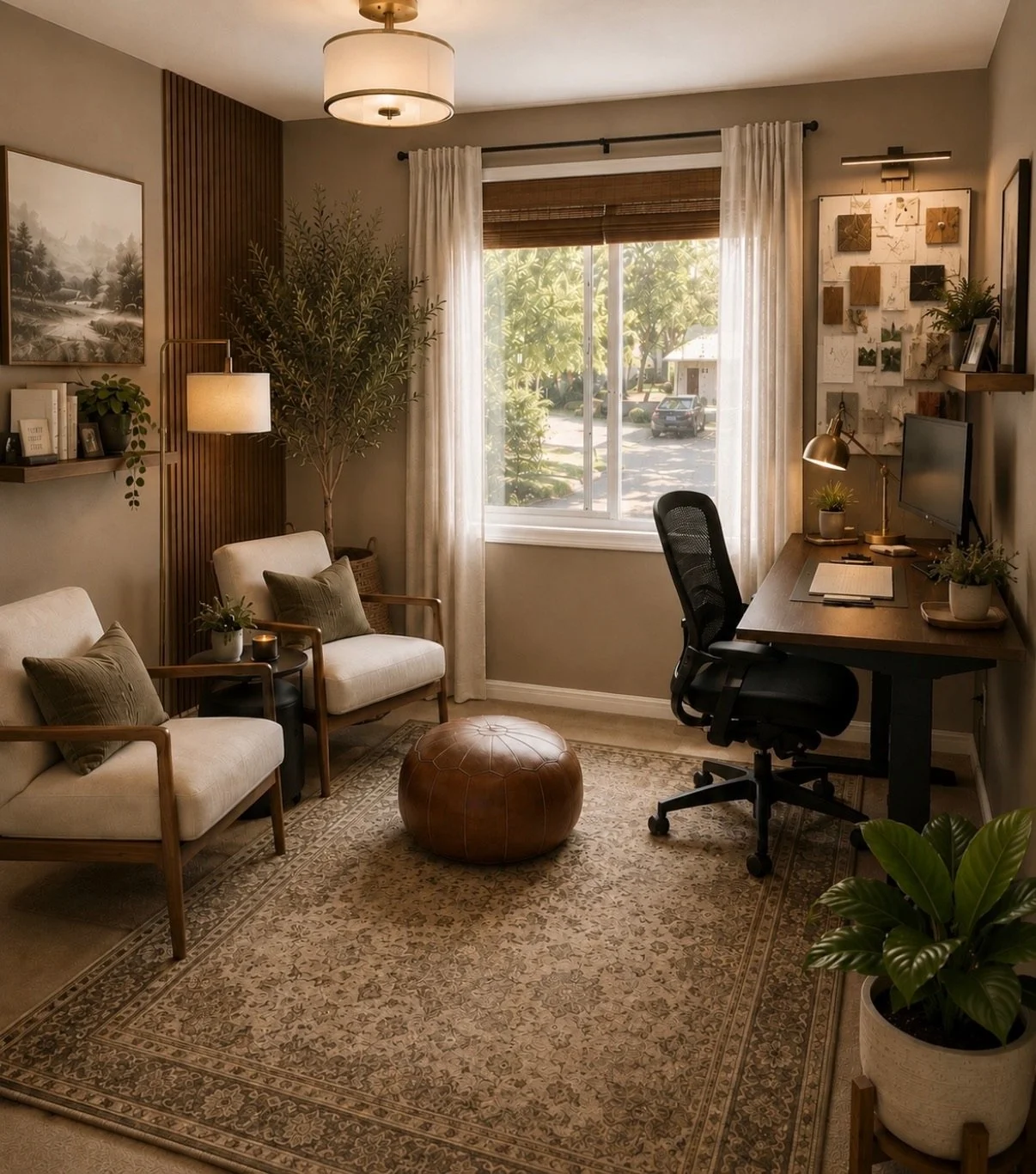 Cozy multifunctional living space styled with neutral armchairs, a leather pouf, layered textiles, greenery, artwork, and an integrated workspace.