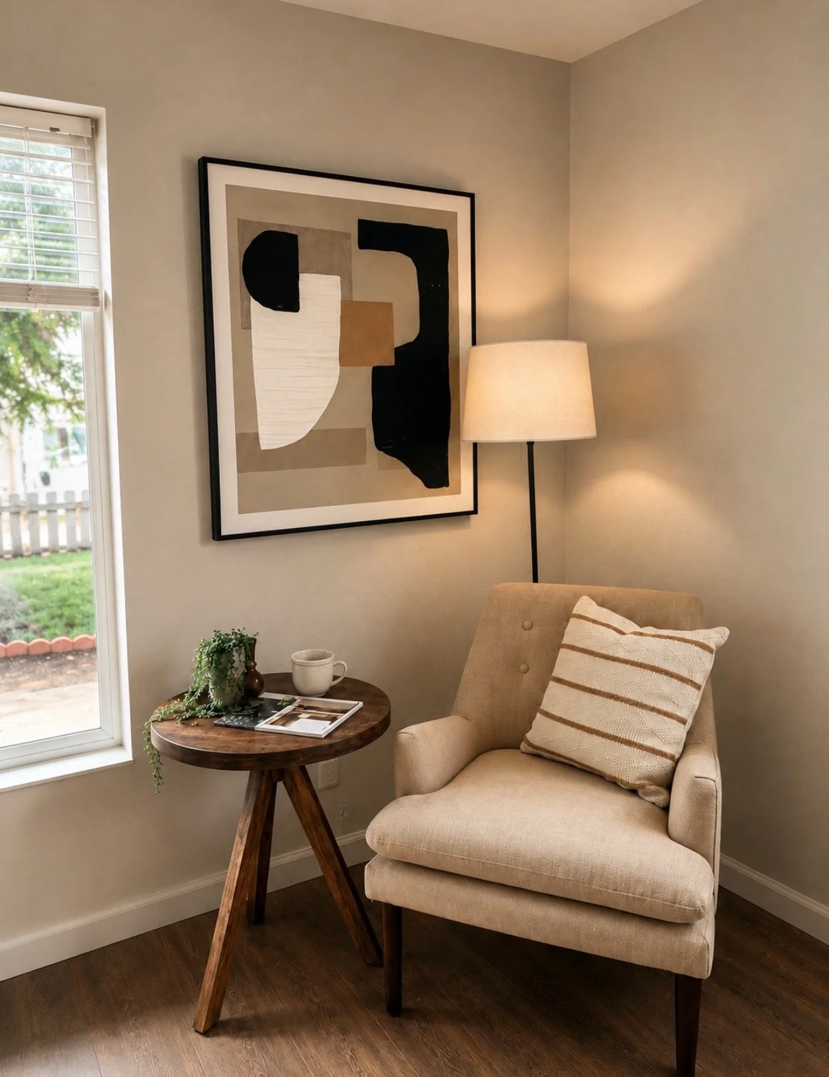 Inviting reading nook style with a neutral armchair, striped pillow, wood side table, floor lamp, greenery, and abstract artwork.