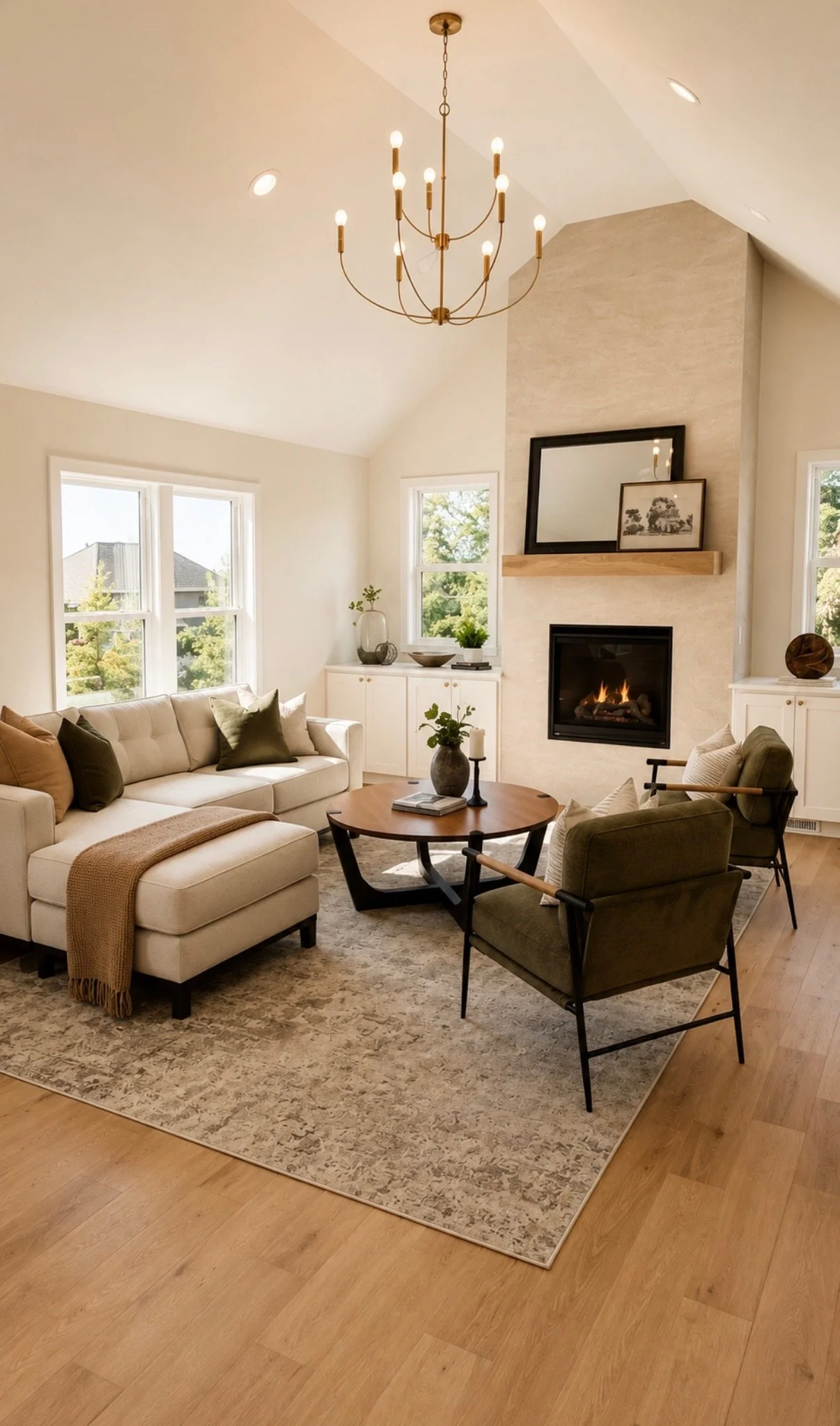 Warm, minimalist living room styled with a cream sofa, green armchair, fireplace, wood coffee table, and layered neutral décor.