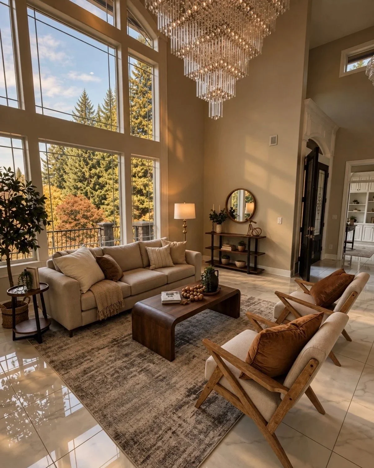 Warm, professionally styled modern living room, with neutral furnishings, natural wood tones, layered textures, large windows, and greenery.