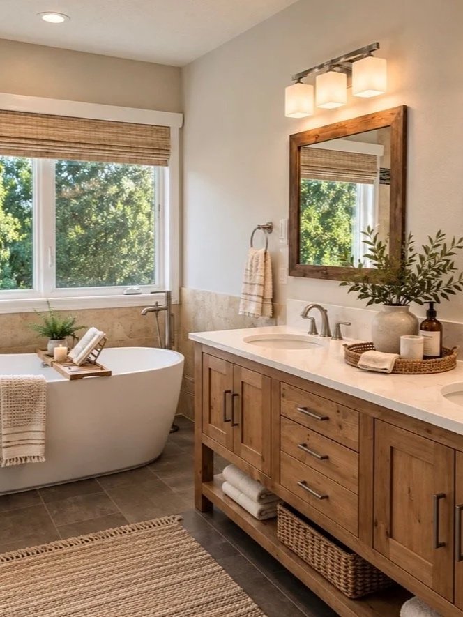 Warm, organic bathroom featuring a freestanding tub, wood vanity, natural greenery, and abundant natural light.