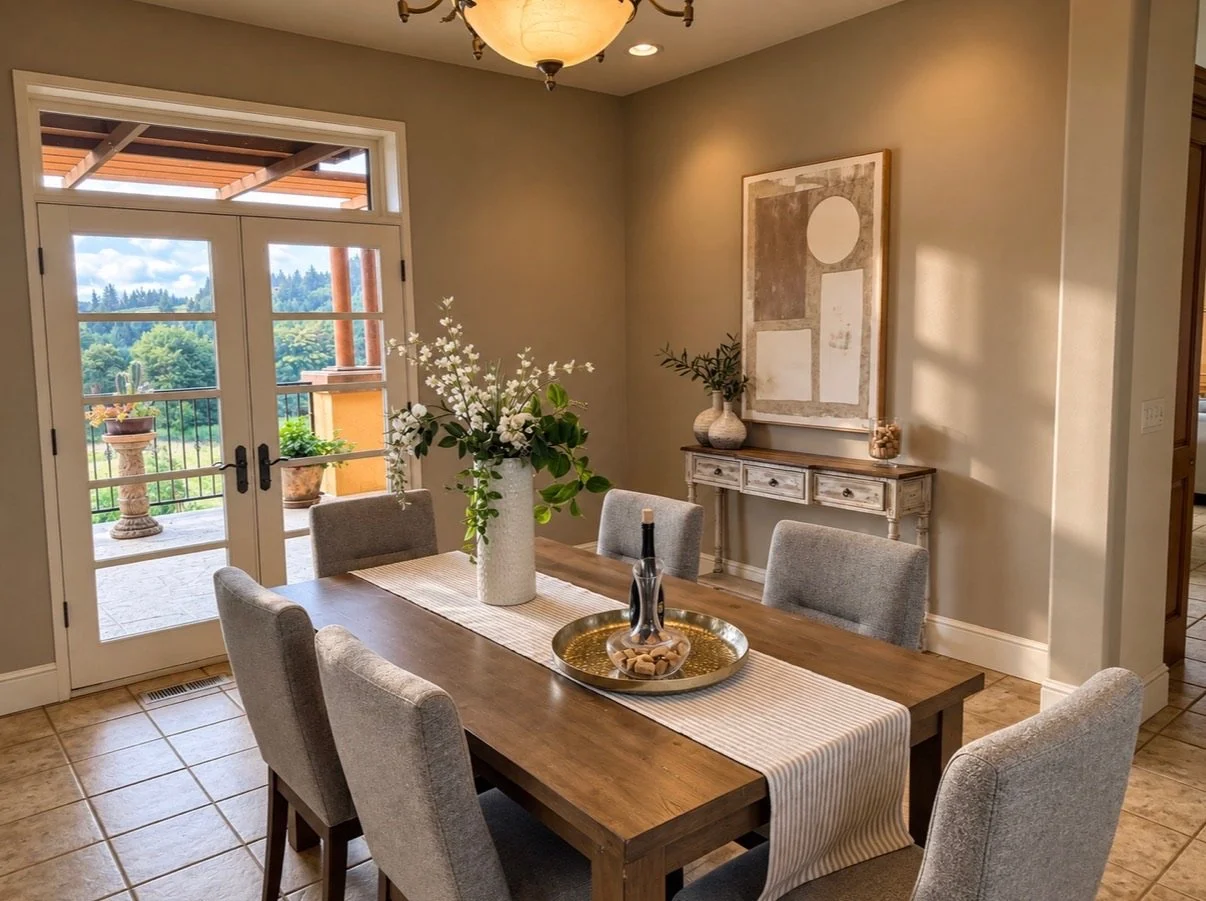 Tuscan inspired dining room staged with a wood table, upholster chairs, white floors, layered décor, and French doors overlooking greenery.