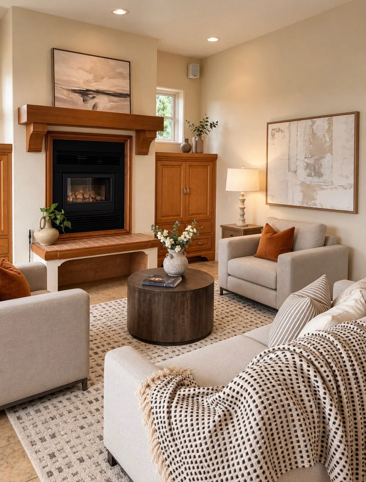 Cozy family room stage with neutral seating, a round wood coffee table, fireplace, and warm layered décor.