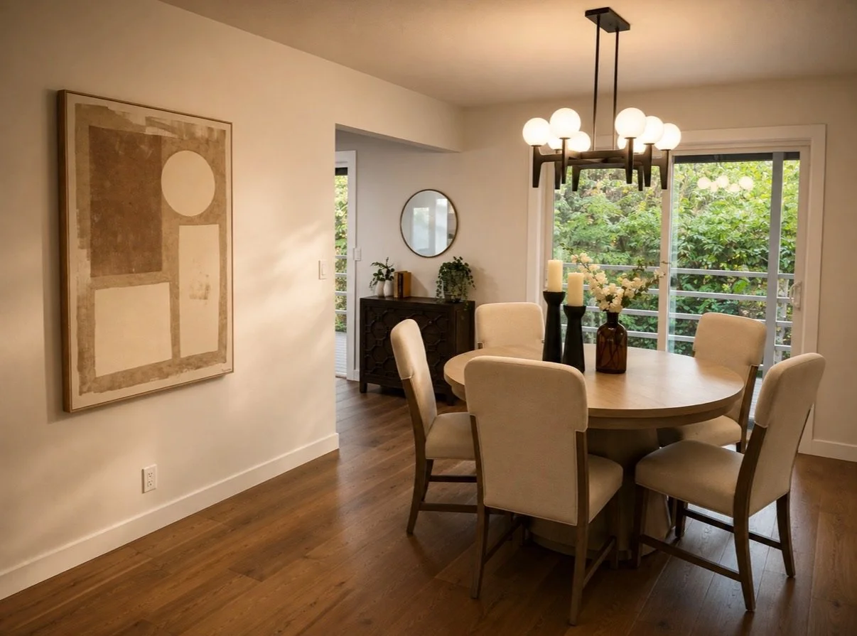 Warm, mid-century dining room stage with a round wood table, upholstered chairs, modern chandelier, dark console table, and natural greenery.