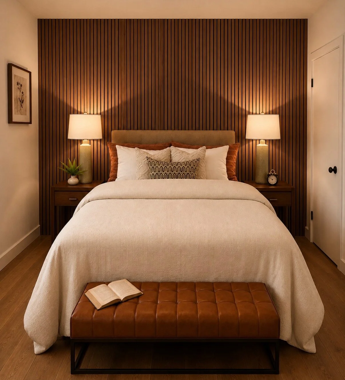 Warm mid-century bedroom stage with layered neutral bedding, a wood slat accent wall, bedside lighting, and a leather bench.