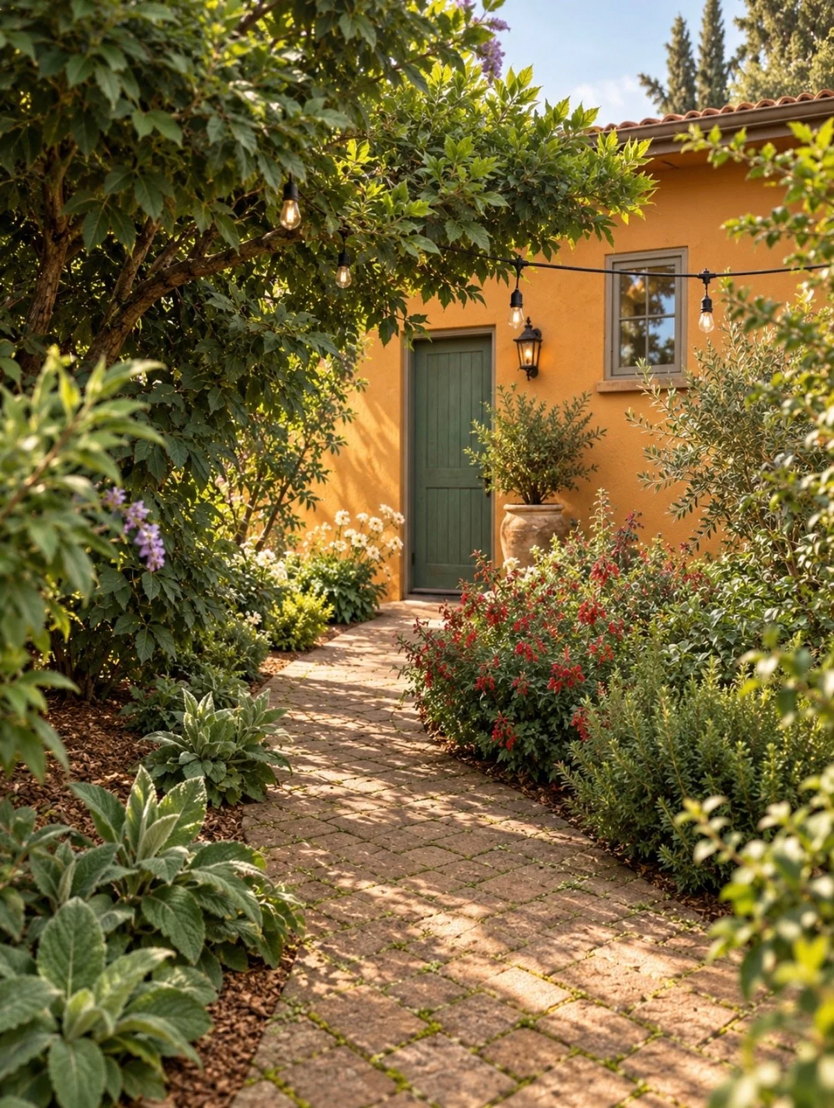 Tuscan inspired home with a brick garden path, warm yellow exterior, green door, lush landscaping, flowers, and overhead string lights.