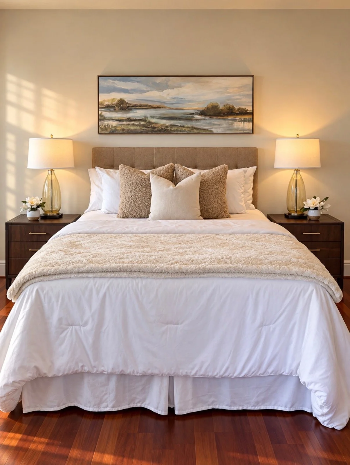Warm, neutral bedroom, staged with a layered white bedding, beige accent pillows, dark wood nightstands, matching lamps, and landscape artwork.